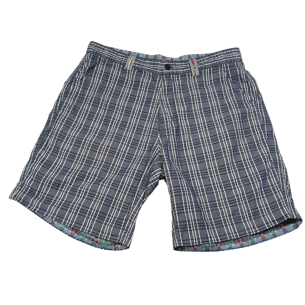 Robert Graham Mens Plaid Shorts Navy Blue White Cotton Size 36 Flat Front